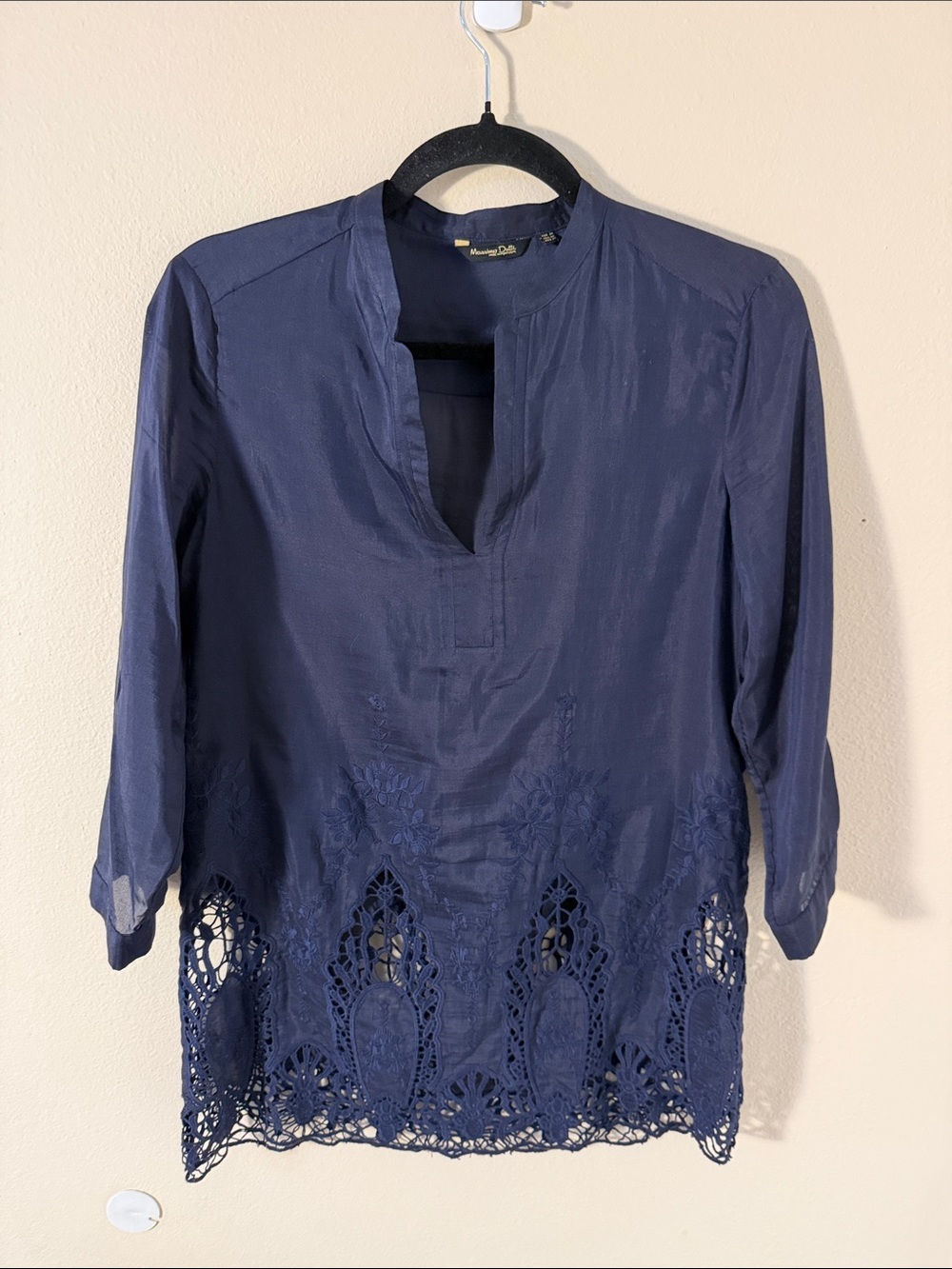 Massimo Dutti Navy Blue Cotton Silk Blend Embroidered Tunic Top Size 4